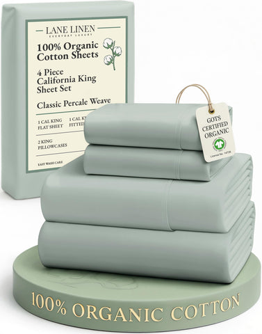 Lane Linen California King flat sheet in cool blue fabric, showing generous coverage