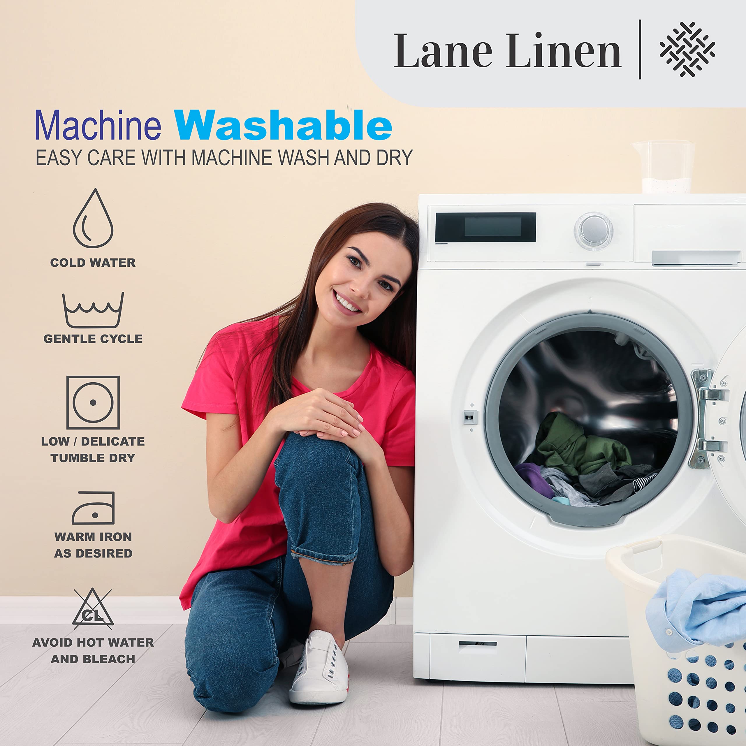 Lane Linen care instructions illustration confirms machine washable convenience