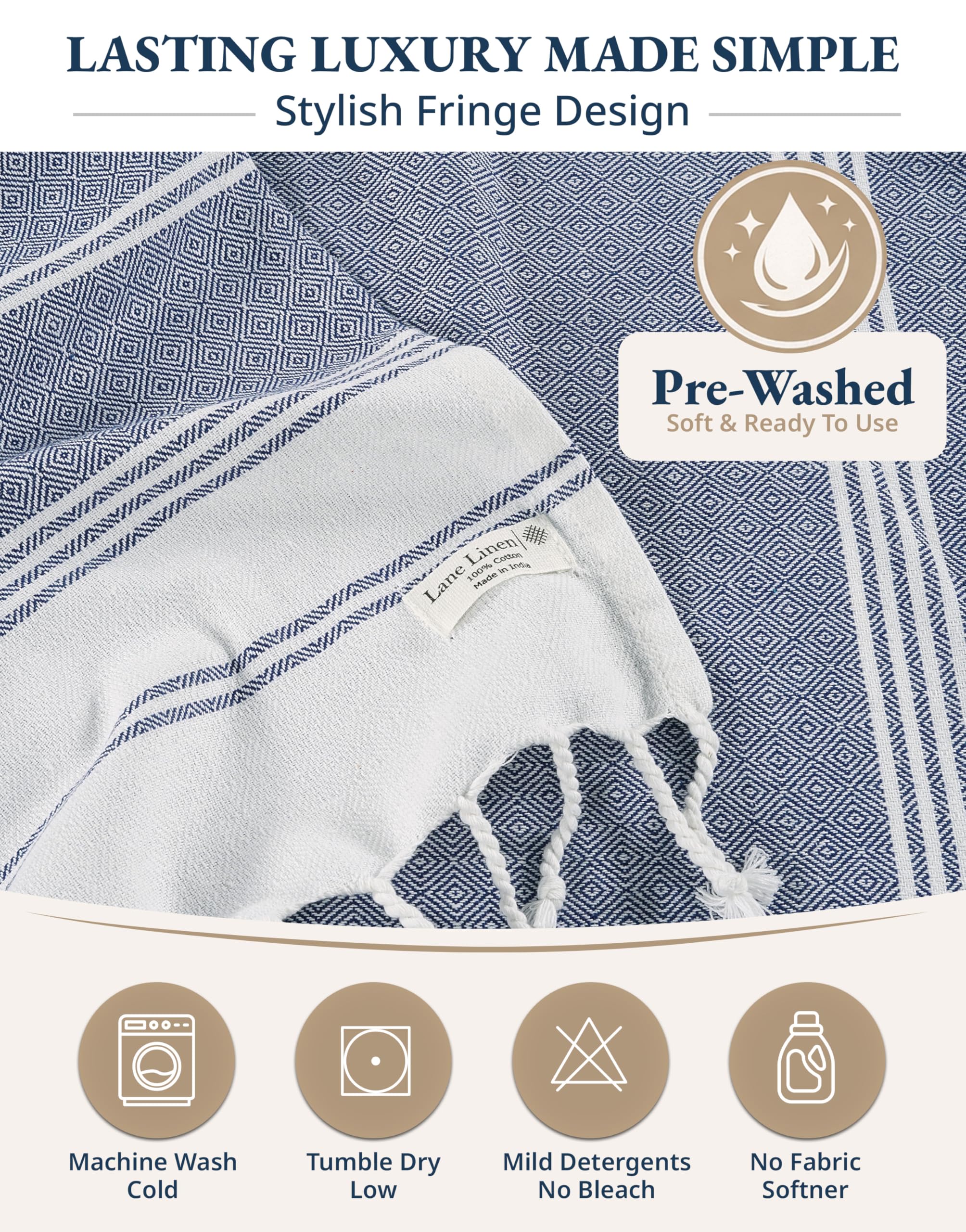Lane Linen care instructions beside washing machine for easy care