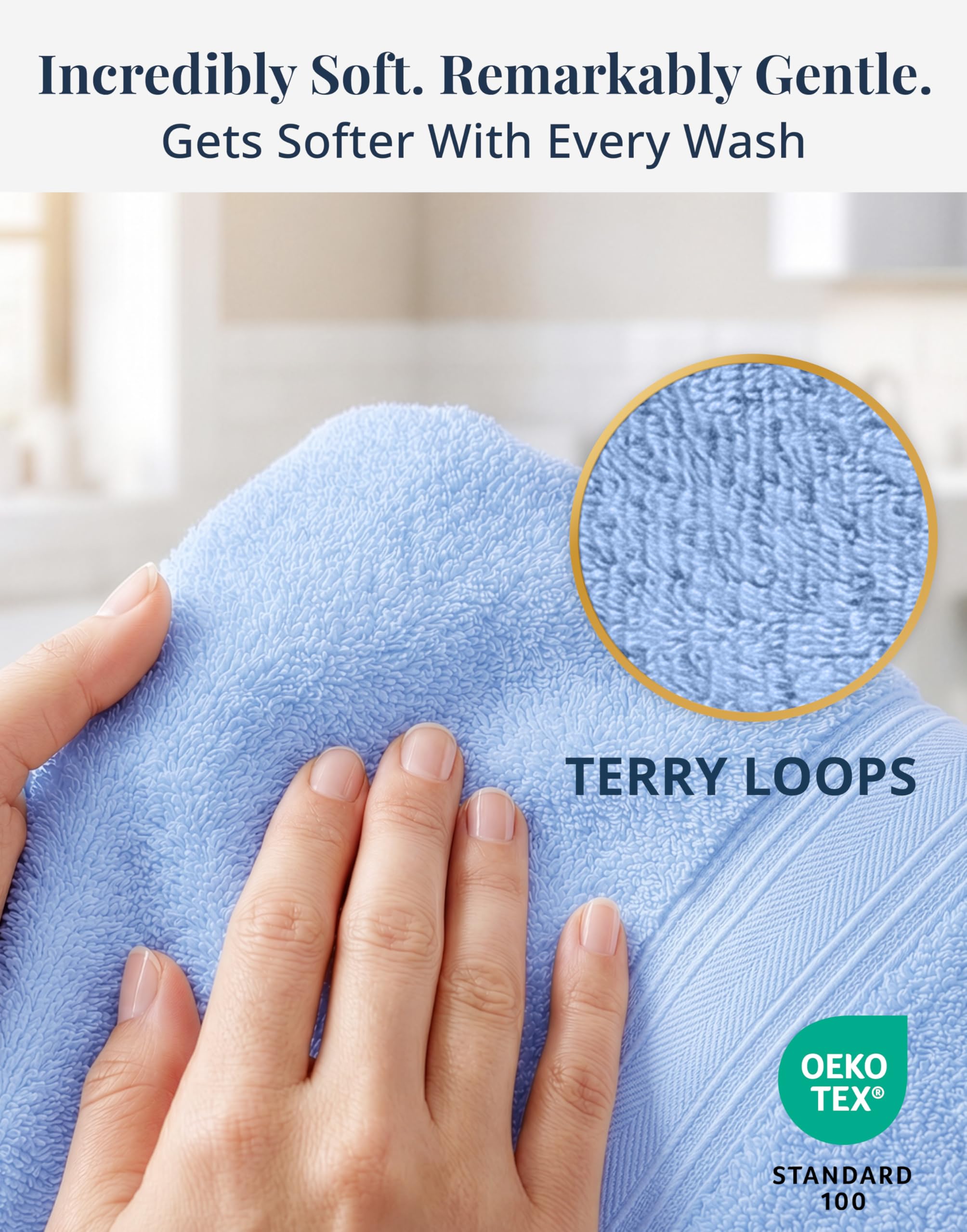 LANE LINEN Cerulean Blue towels stacked for guest bathroom display.