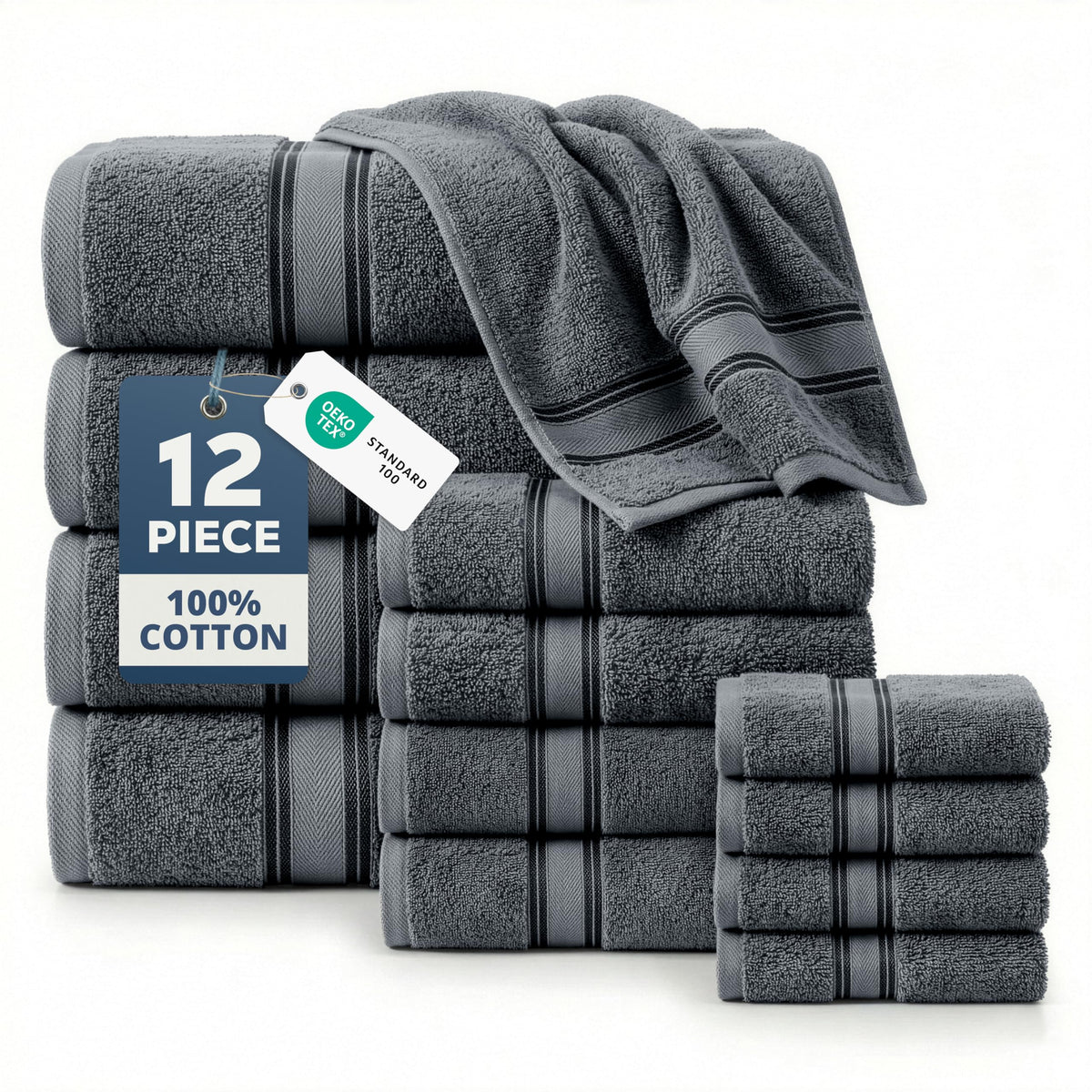 LANE LINEN cool grey towels folded, adding spa-style elegance to your bathroom.