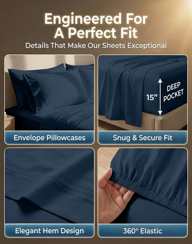Lane Linen Denim queen sheets fitted pocket demonstrates 15-inch depth.