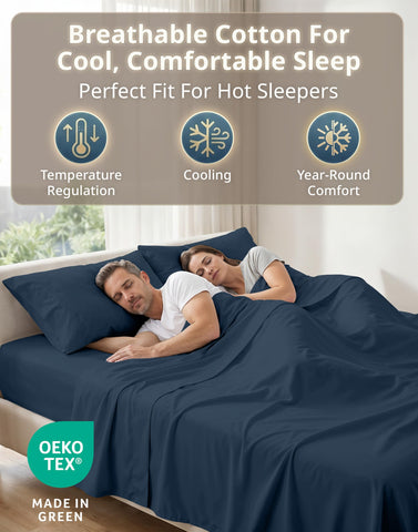 Lane Linen Denim queen sheets flat lay displaying size and finish.