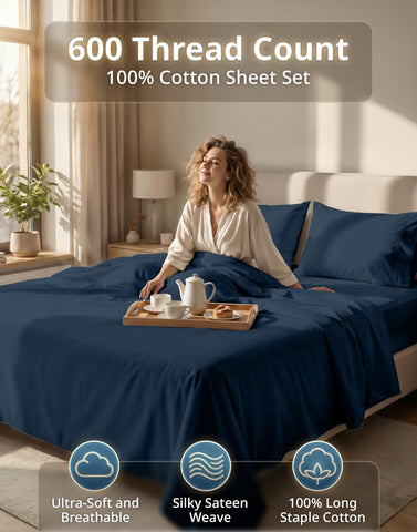 Lane Linen Denim queen sheets closeup shows silky sateen finish.
