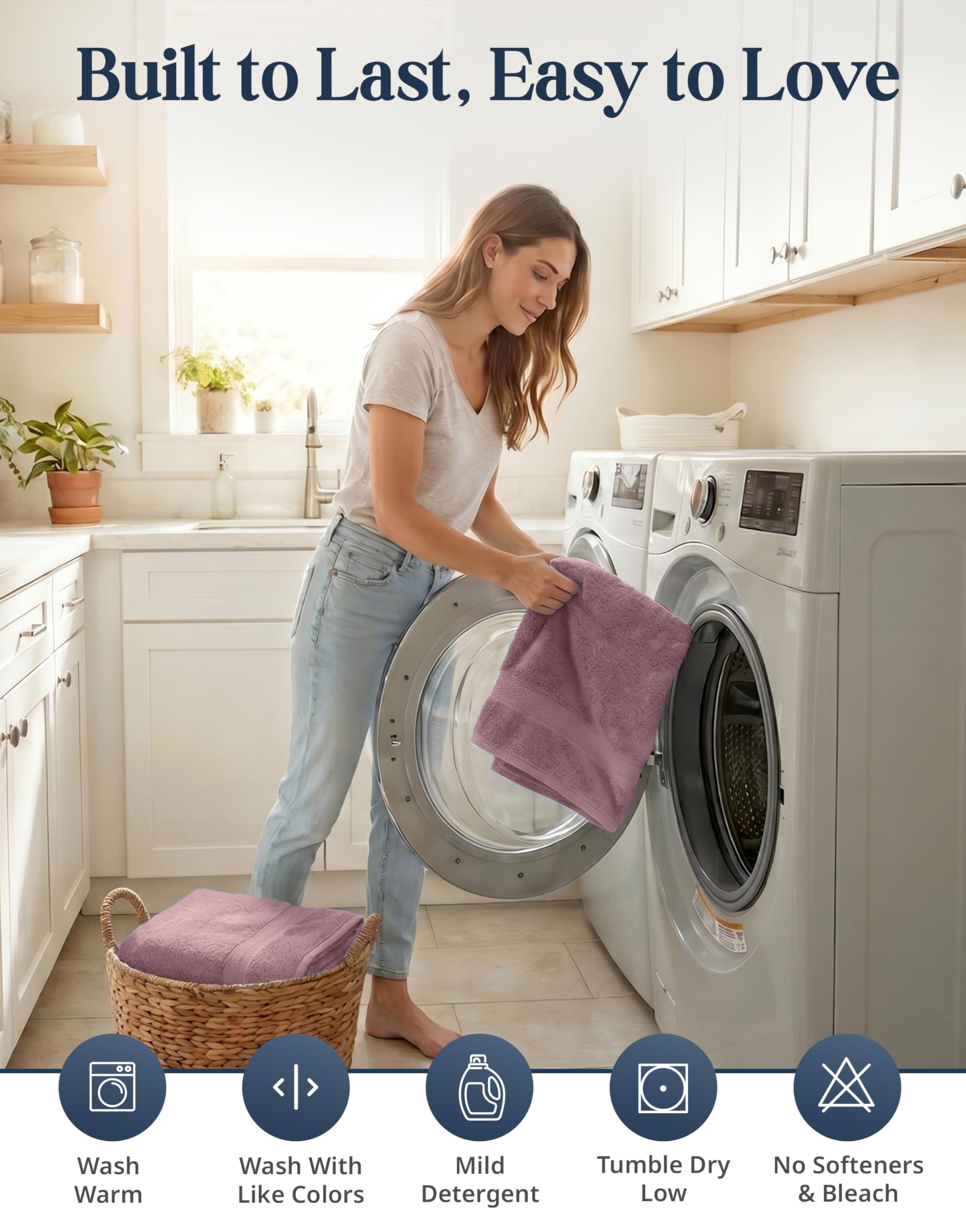 Lane Linen easy-care towels ready for washing and quick drying.