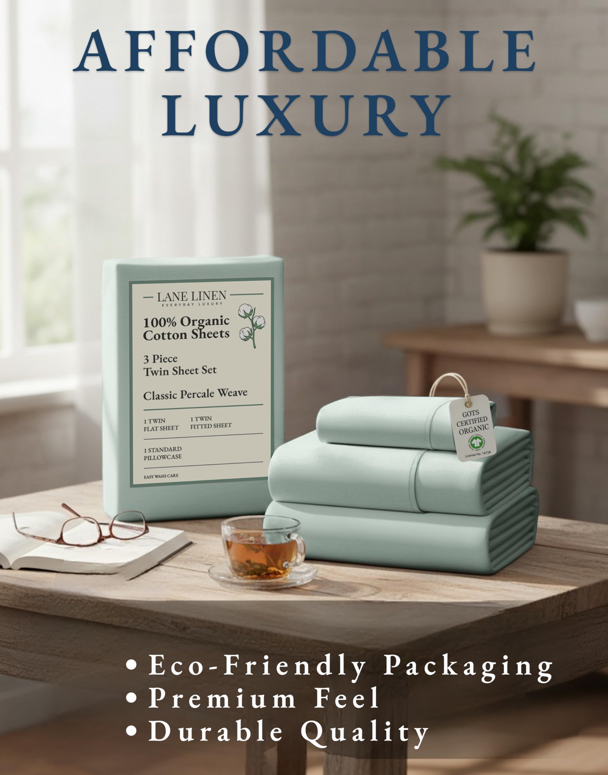 Reusable fabric bag packaging for Lane Linen twin set.