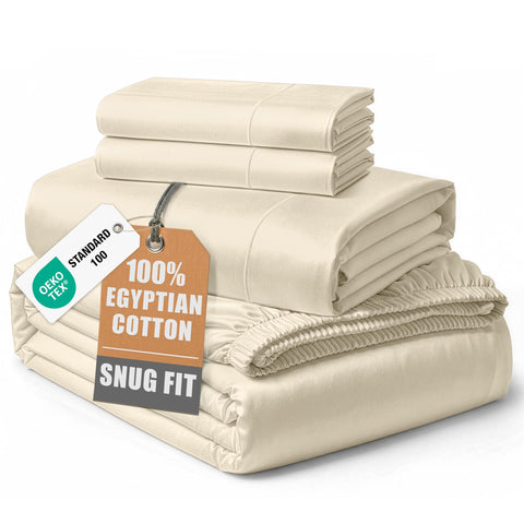 Lane Linen Egyptian cotton queen sheets ivory – silky luxury for restful nights.