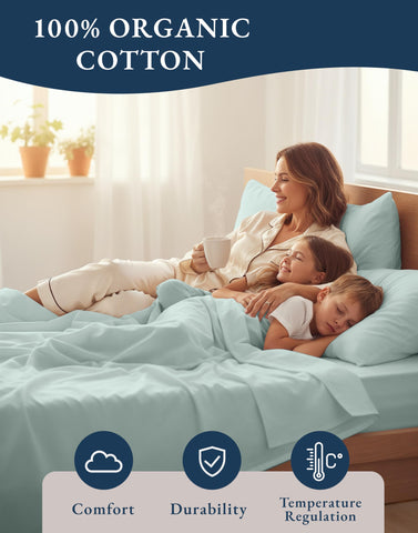 Lane Linen french blue color swirls for calm, versatile bedroom styling