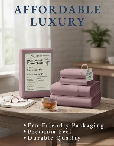 LANE LINEN Lilac organic cotton fibers emphasized for breathable, comfortable sleep.