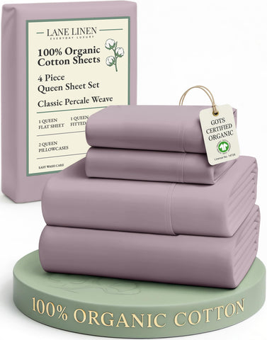 LANE LINEN Lilac queen flat sheet displaying crisp percale texture for cool sleeping.