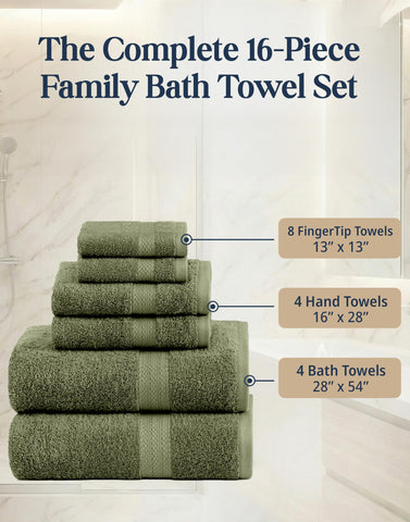 LANE LINEN oil green 4 hand towels shown in a bathroom setup.