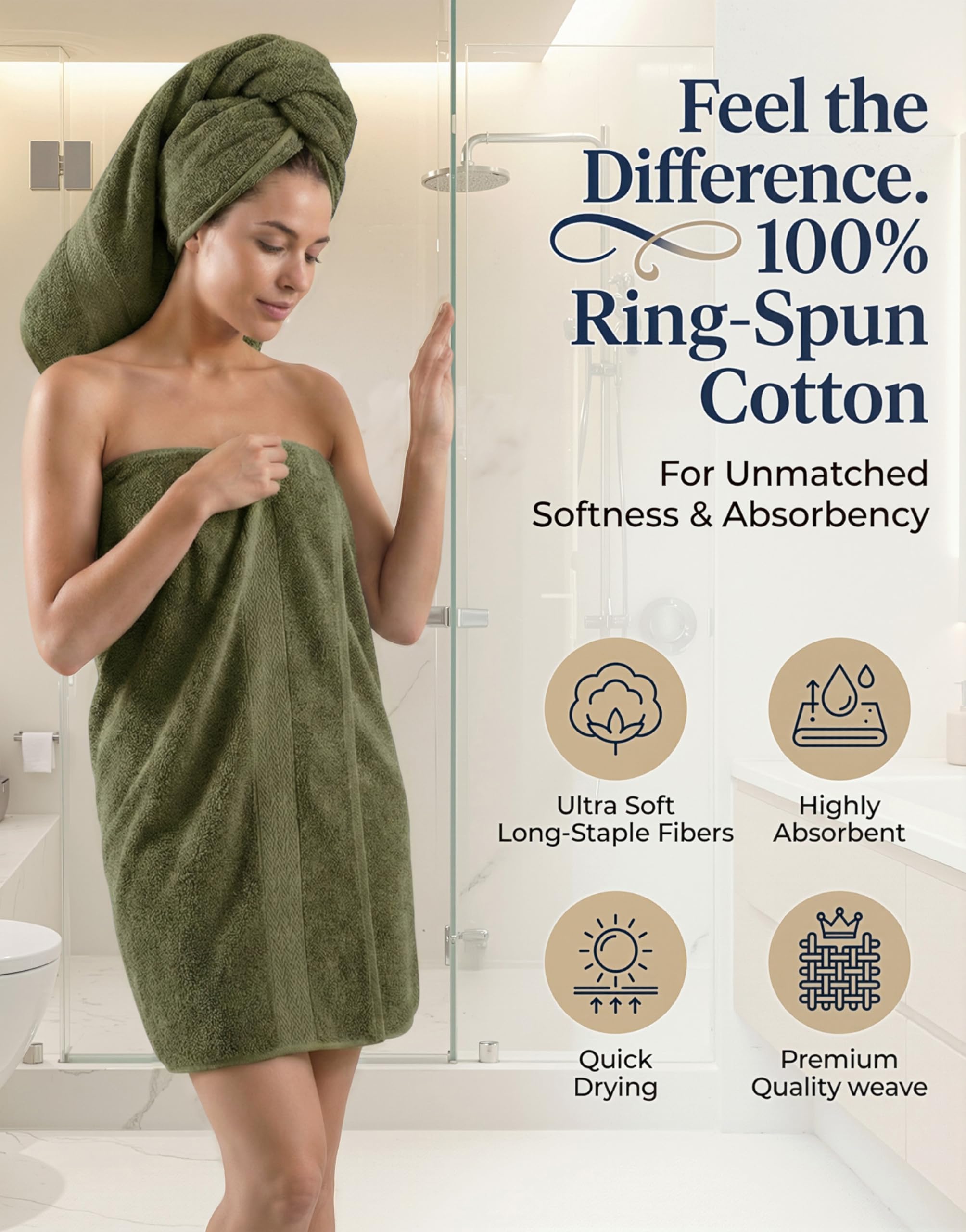 LANE LINEN oil green bath towels show plush loops and reinforced hems for durability.
