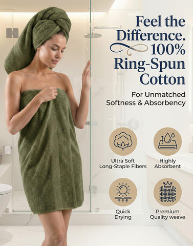 LANE LINEN oil green bath towels show plush loops and reinforced hems for durability.