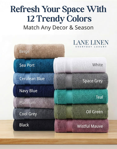 LANE LINEN oil green color option shown with coordinating towels in a bathroom.