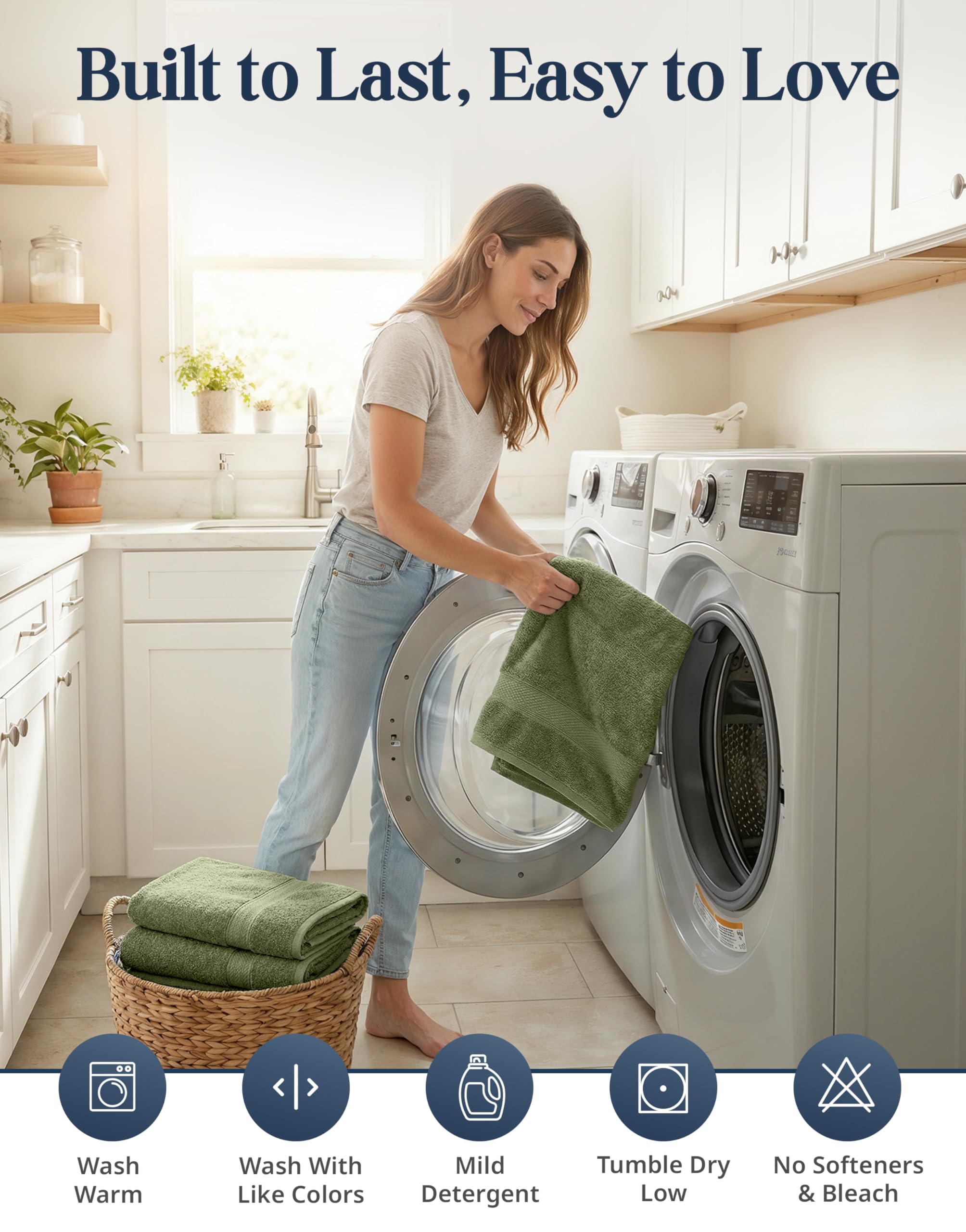 LANE LINEN oil green care cues emphasize easy washing and lasting softness.