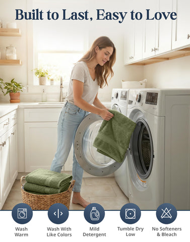 LANE LINEN oil green care cues emphasize easy washing and lasting softness.