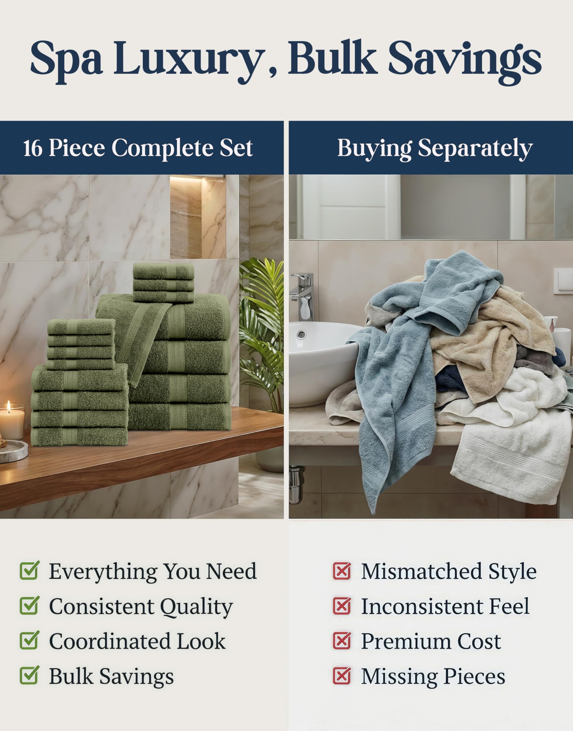 LANE LINEN oil green towels stacked on a bright, tidy surface.