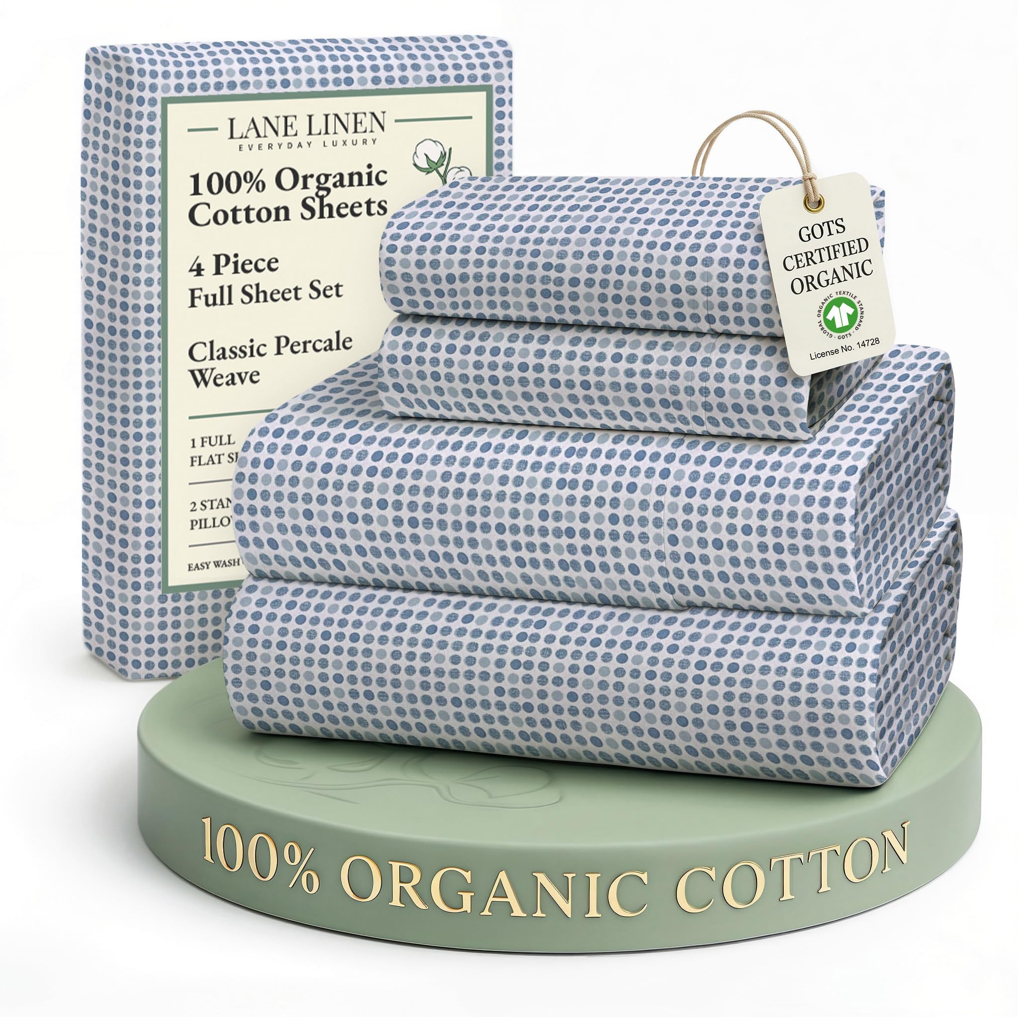 Lane Linen polka-dot full sheets flat view shows crisp percale softness.