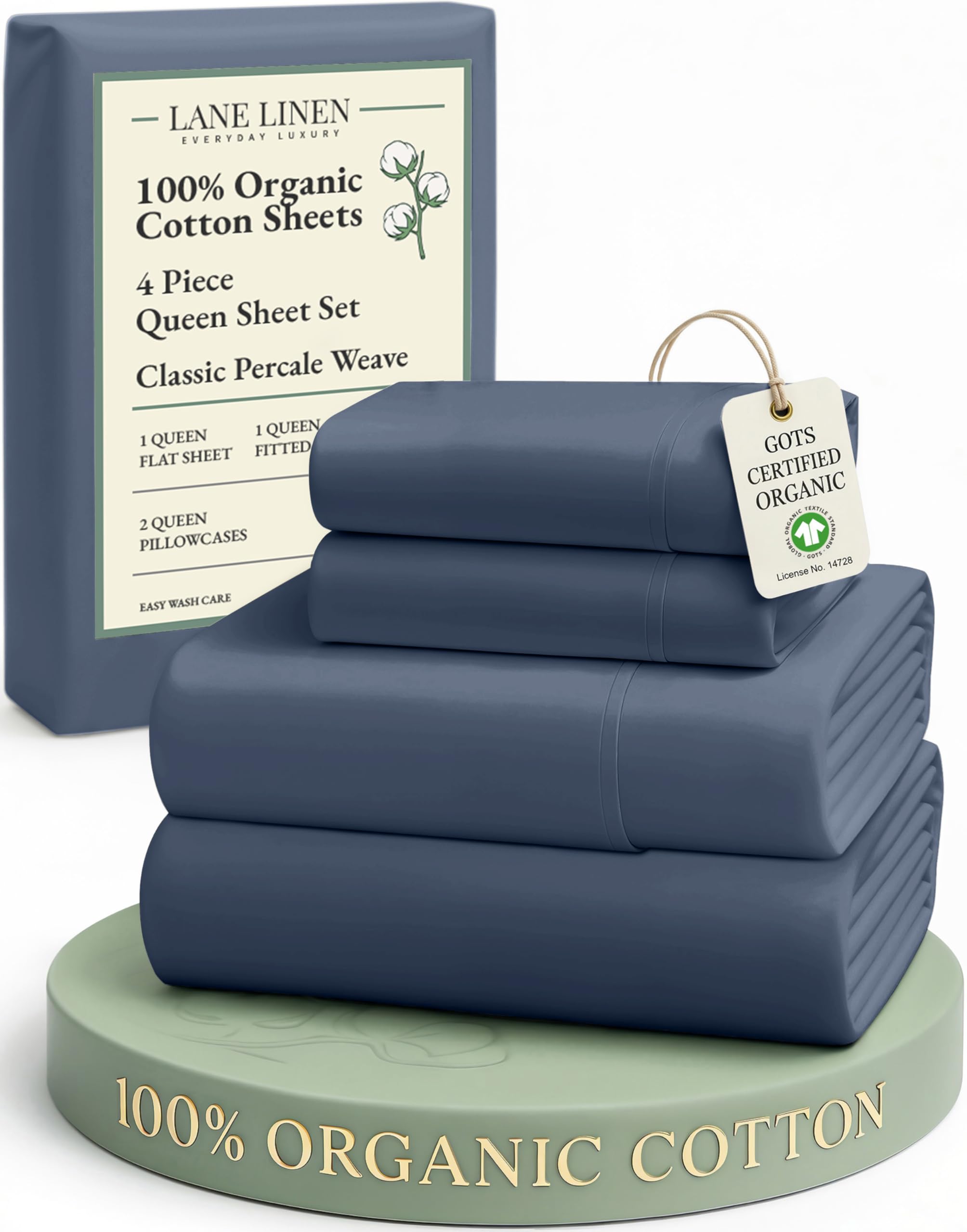 LANE LINEN Queen Sheets Estate Blue with crisp percale for breathable comfort
