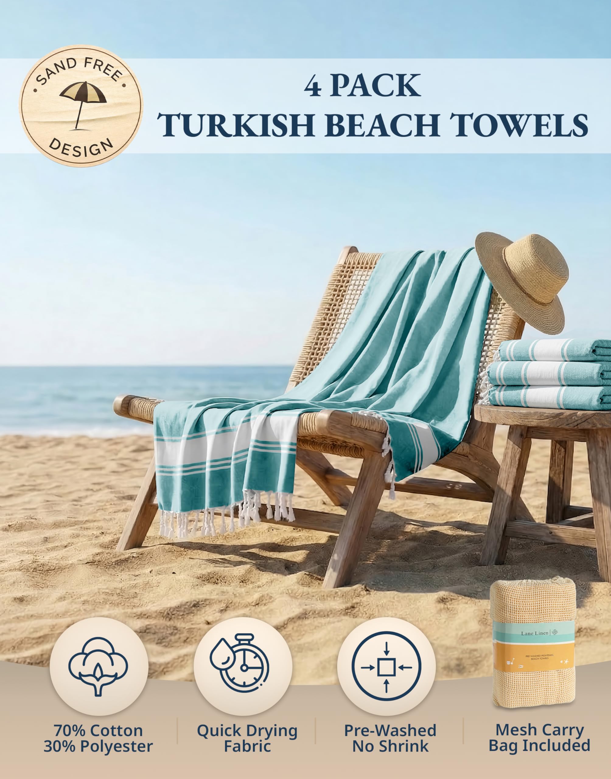 Lane Linen sand-free towel with bag system helps shake off sand easily.