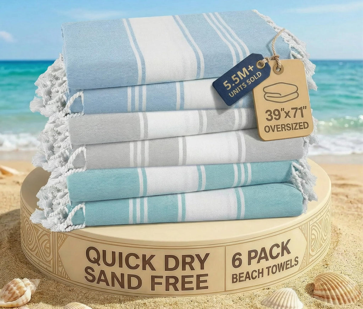 Lane Linen sand-free beach towel in a carry bag, ready for beach use.