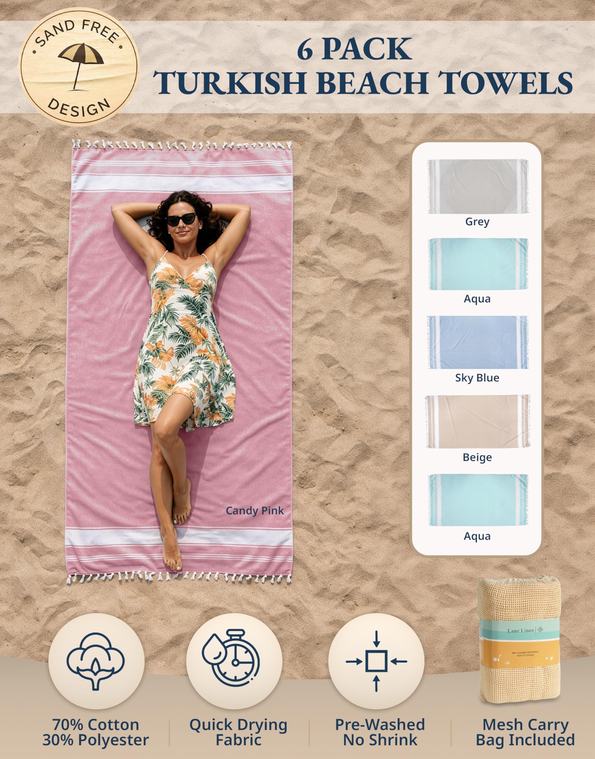 Lane Linen sand-free towel design helps shake off sand at the beach.