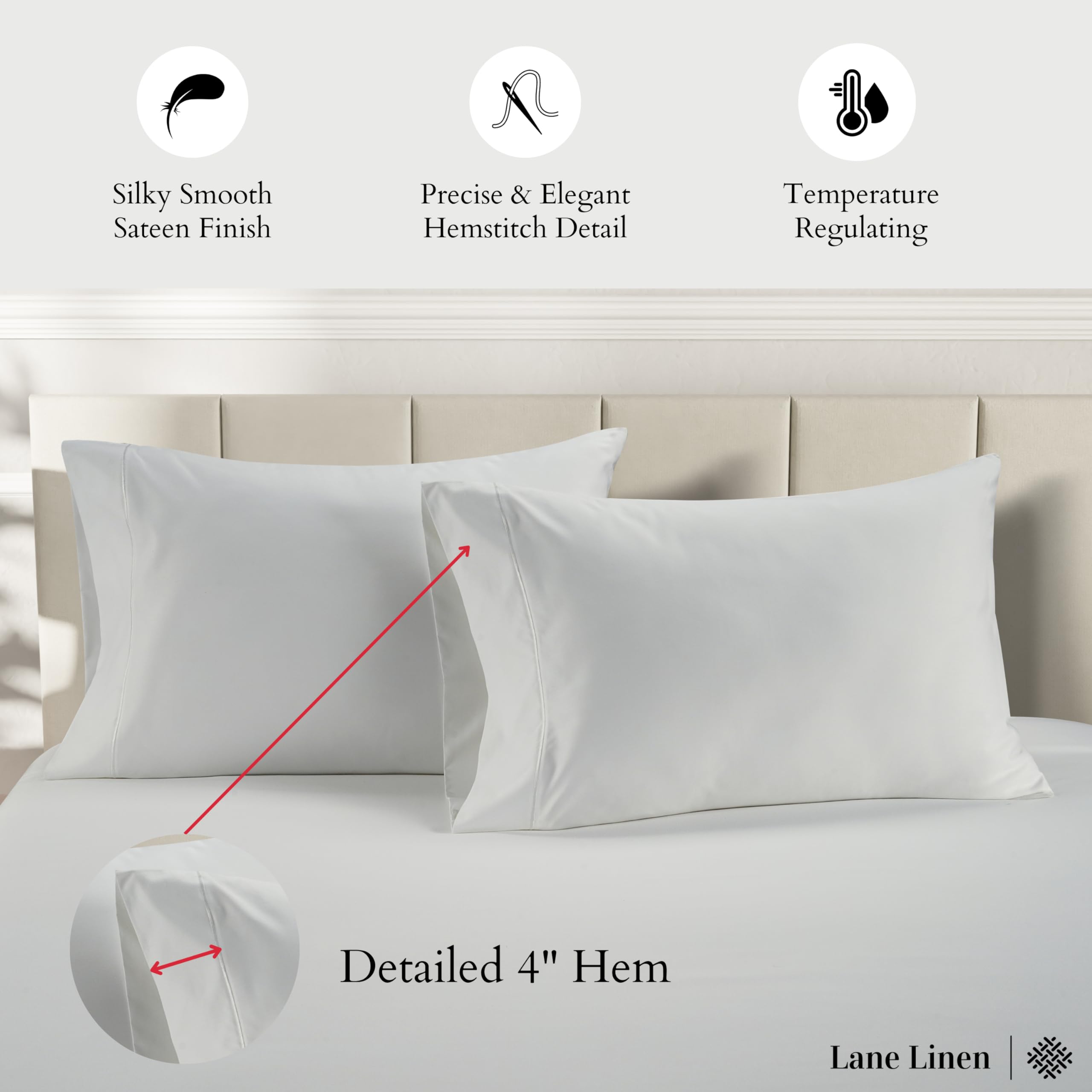 Lane Linen queen pillowcase close-up shows sateen weave and durable, easy-care fabric