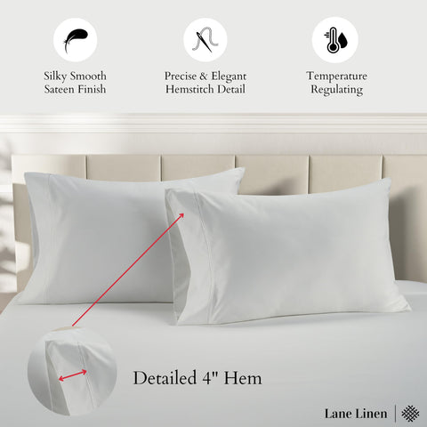 Lane Linen queen pillowcase close-up shows sateen weave and durable, easy-care fabric