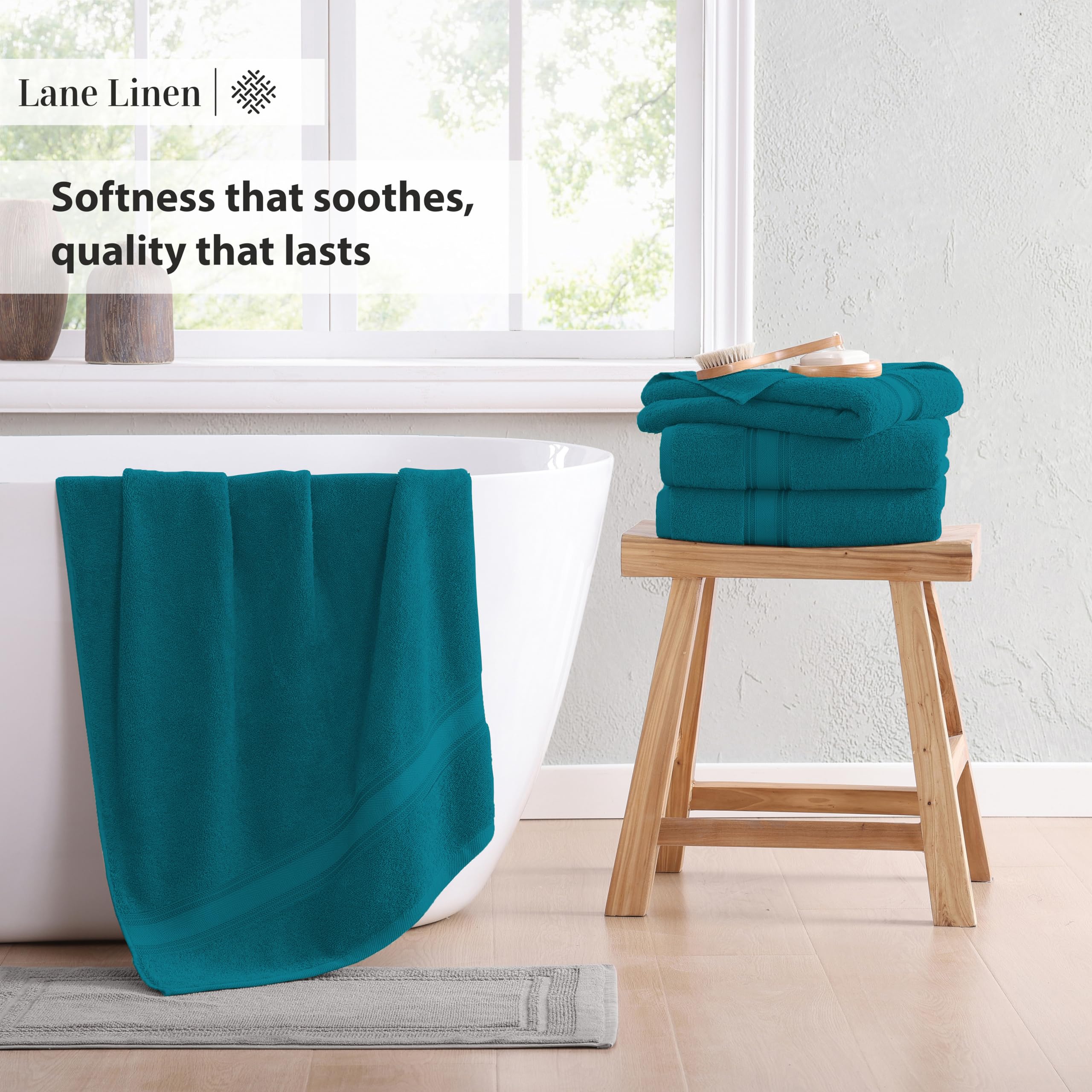 LANE LINEN sea-port color towels add coastal bathroom style.