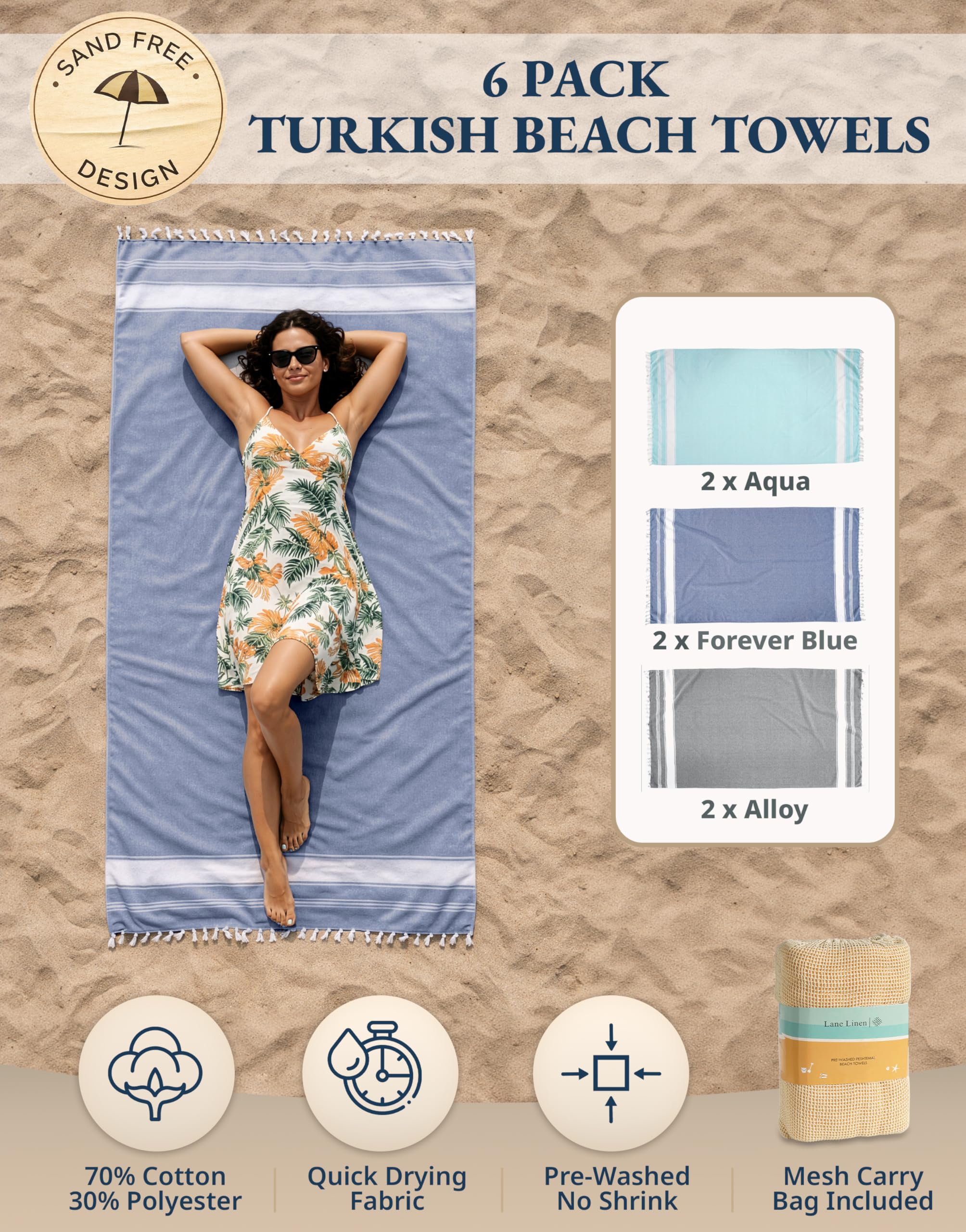 Lane Linen Turkish beach towels 39x71 in vibrant hues, pre-washed.