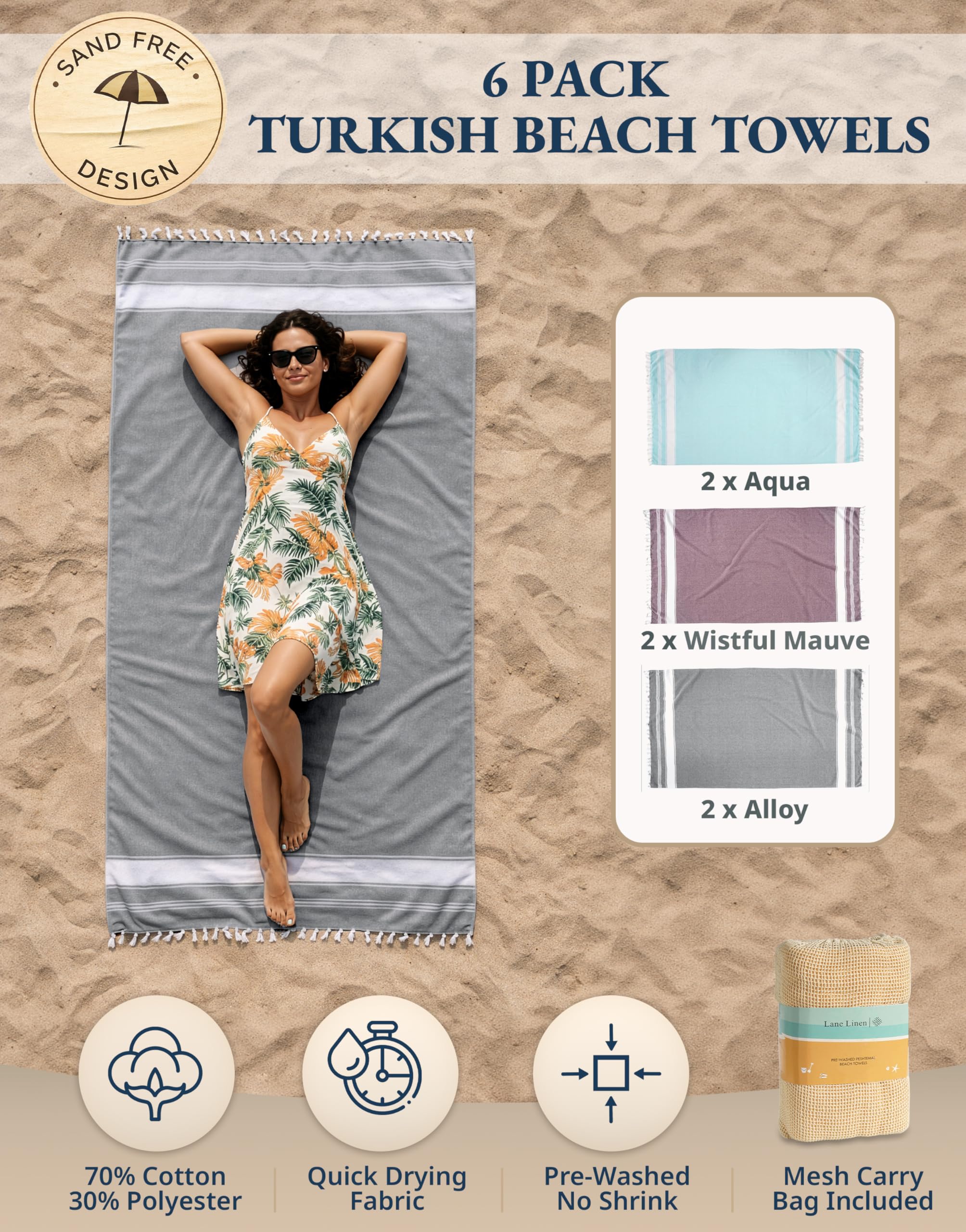 LANE LINEN Turkish beach towels prewashed for quick-dry days at the shore.