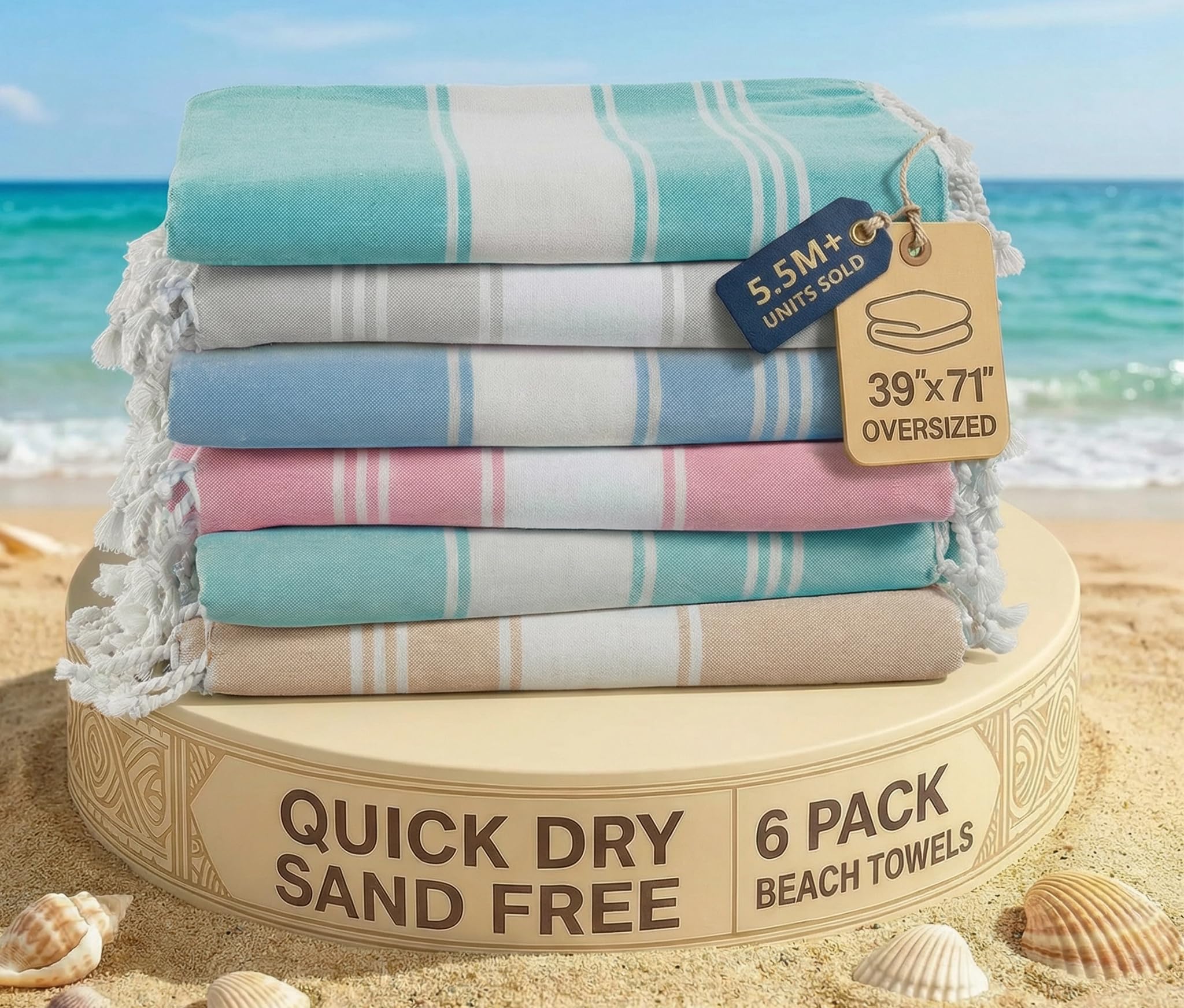 Lane Linen Turkish Beach Towels set of six, oversized and soft for family beach days.