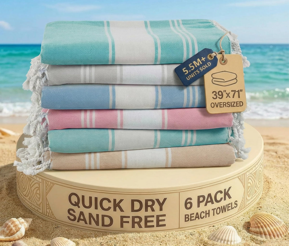 Lane Linen Turkish Beach Towels set of six, oversized and soft for family beach days.