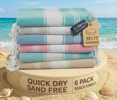 Lane Linen Turkish Beach Towels set of six, oversized and soft for family beach days.
