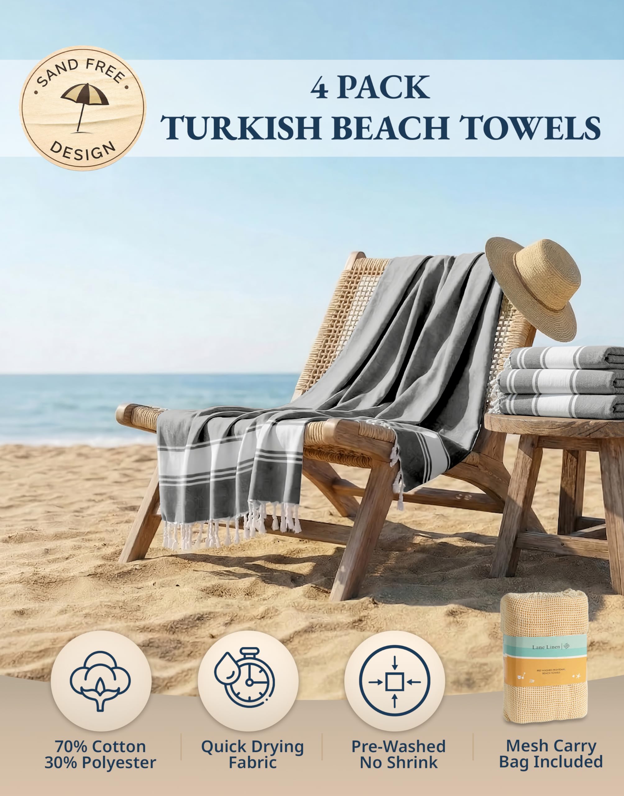 Lane Linen Turkish towel set pre-washed for soft touch and quick-dry performance.