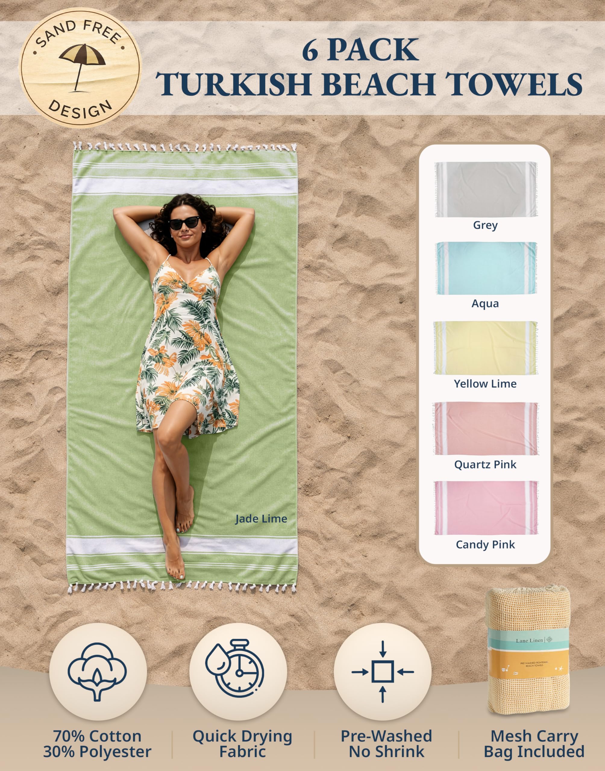 Lane Linen sand-free bag with the towel for easy sand removal at the shore.