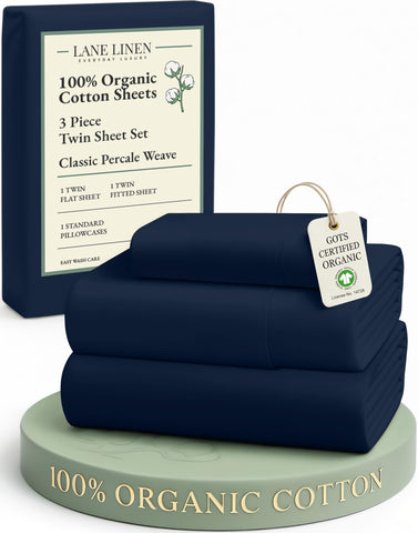 LANE LINEN twin flat sheet navy with soft percale weave and breathable comfort.