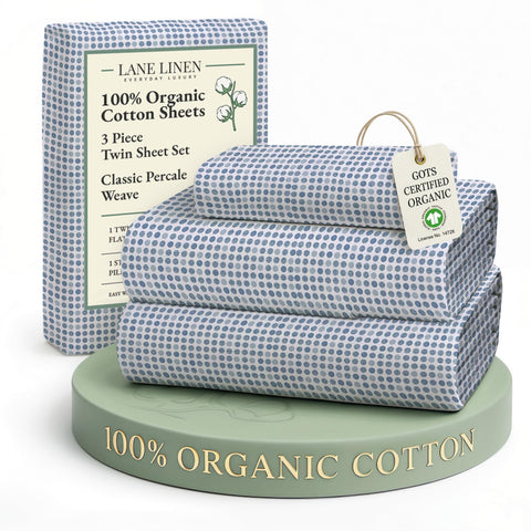 Lane Linen twin sheets in organic cotton with blue polka dot for breathable comfort.