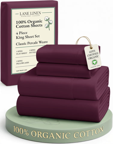 Lane Linen Windsor Wine king flat sheet shows hotel-grade percale for breathable comfort.