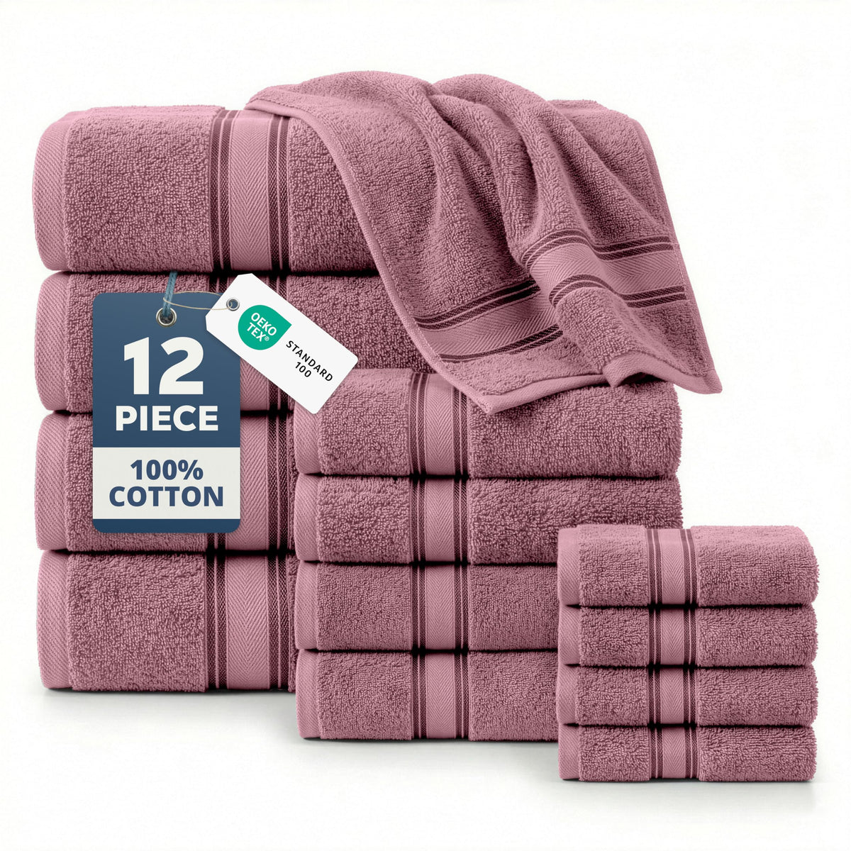 LANE LINEN Wishful Mauve bath towels 28x54 inches in a full 12-piece set for hotel-style comfort
