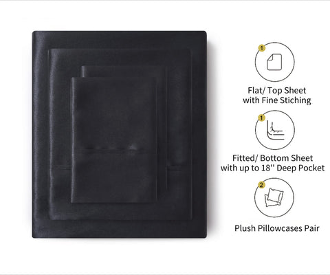 Lanest Housing silk satin sheets on full bed in black showing deep pockets for secure fit