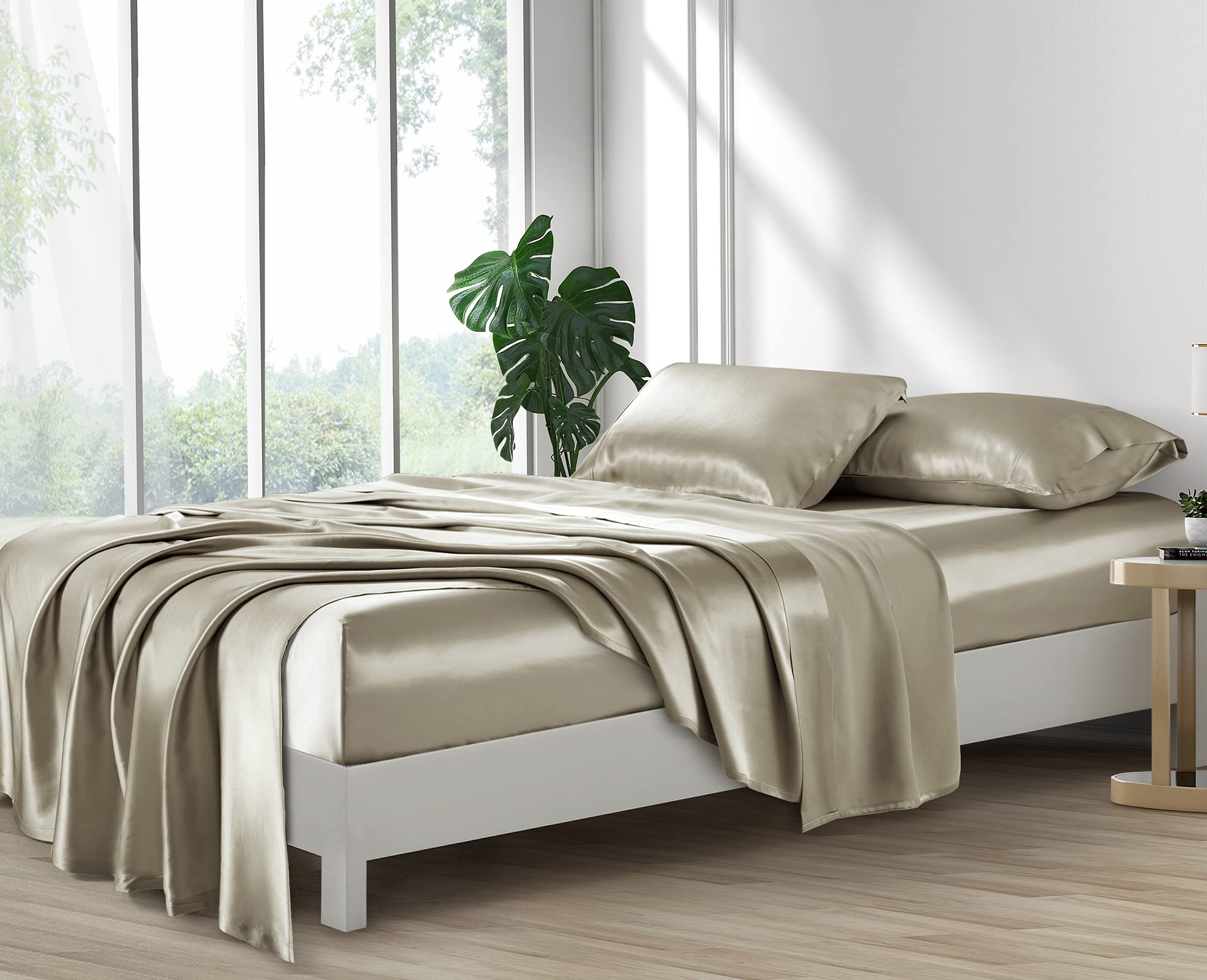 Lanest Housing Silk Satin Sheets taupe color for an elegant bedroom look