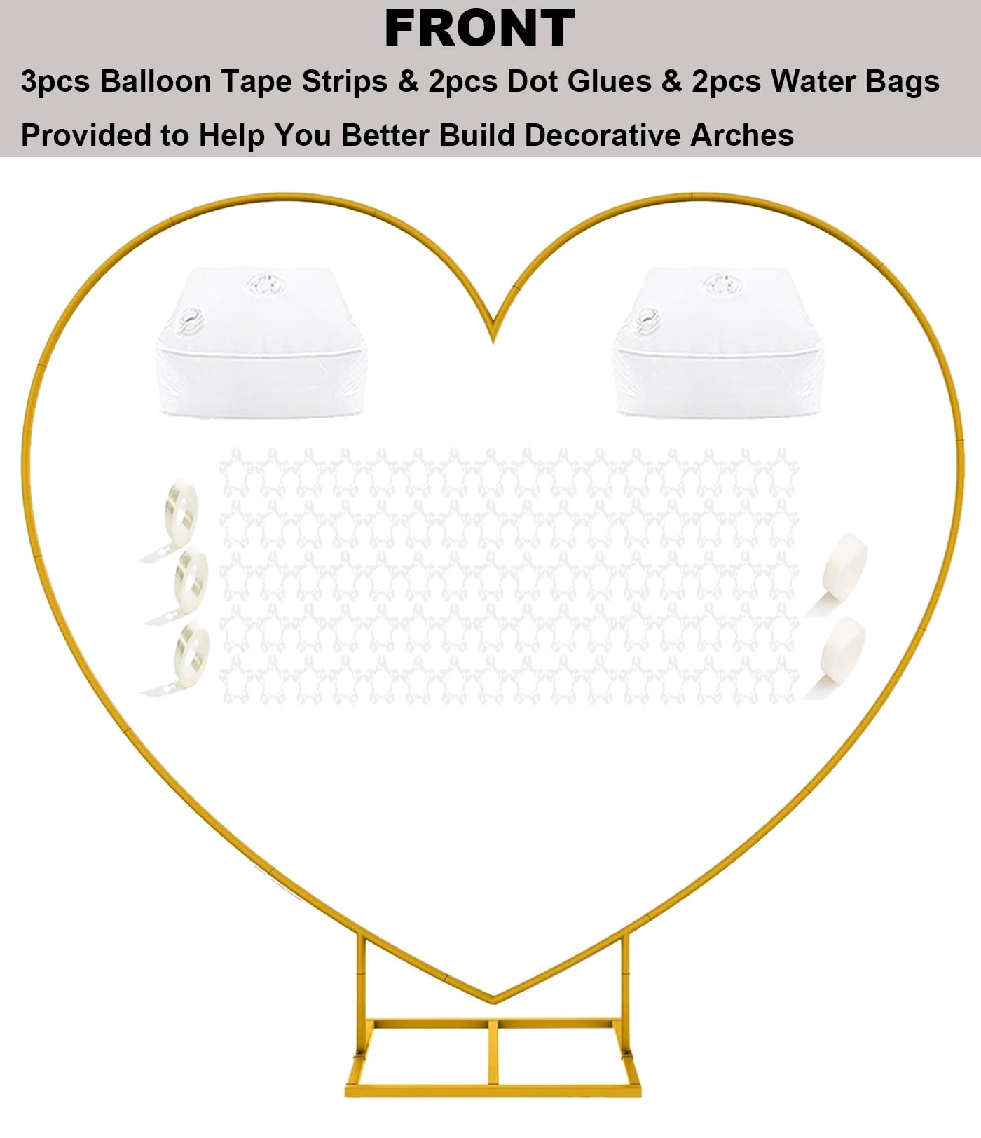 LANGXUN heart arch gold stand creates elegant backdrop for photos.