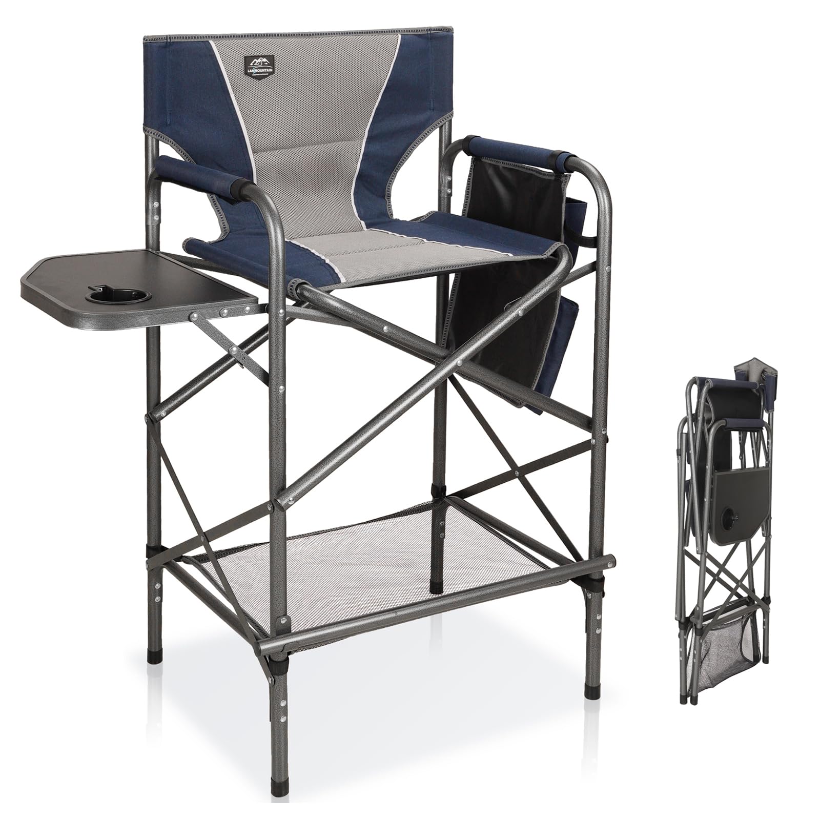 LANMOUNTAIN folding tall director chair with side table provides a stable makeup workspace.