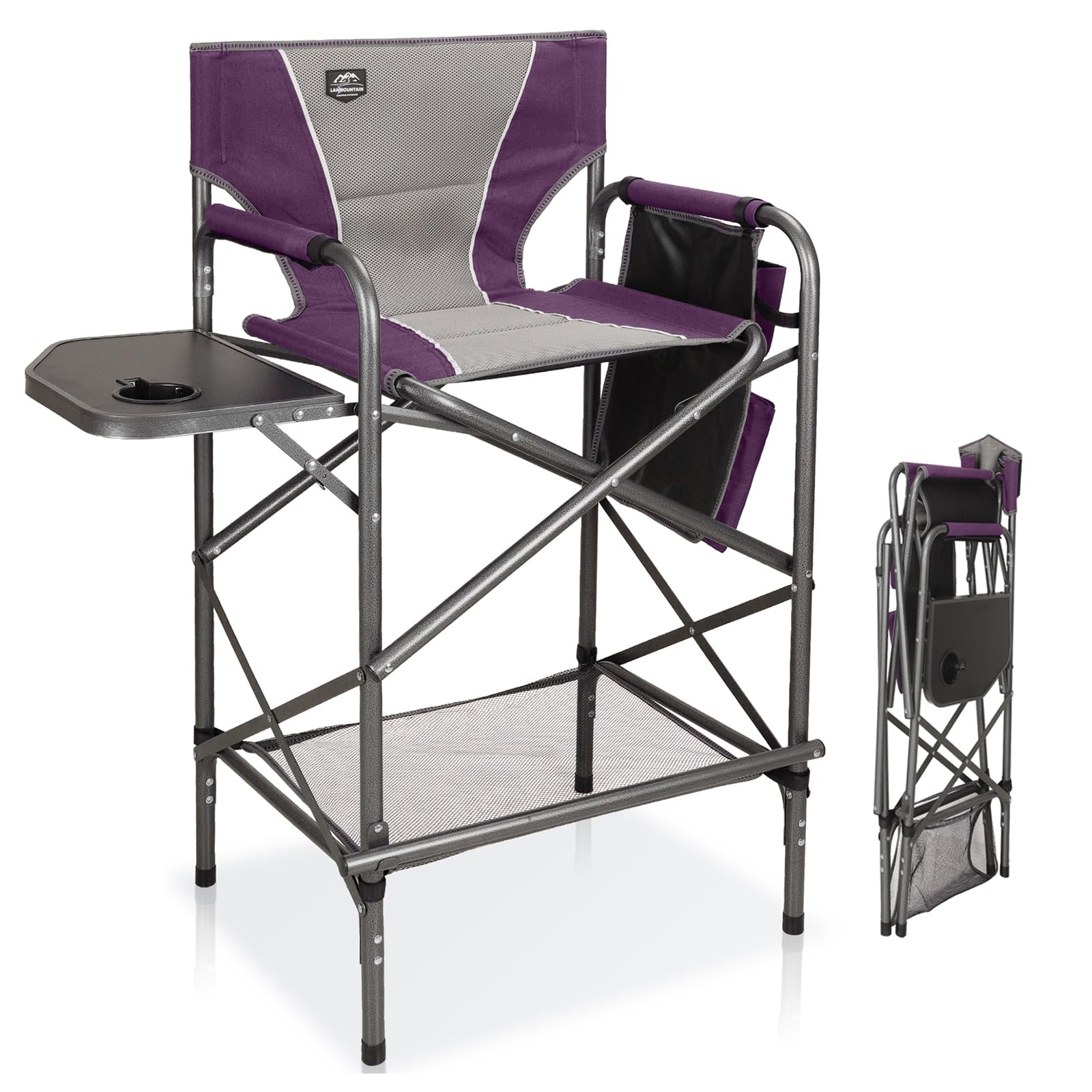 LANMOUNTAIN folding tall director chair with side table provides a stable surface for makeup and tools.