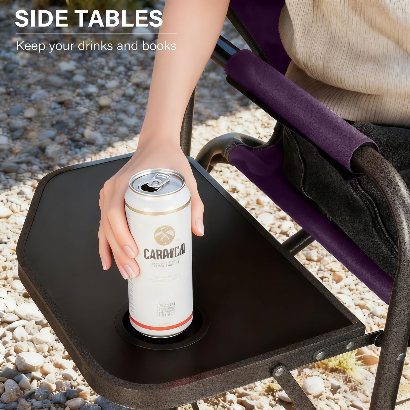 Large side table on LANMOUNTAIN chair holds makeup, drinks, or devices securely.