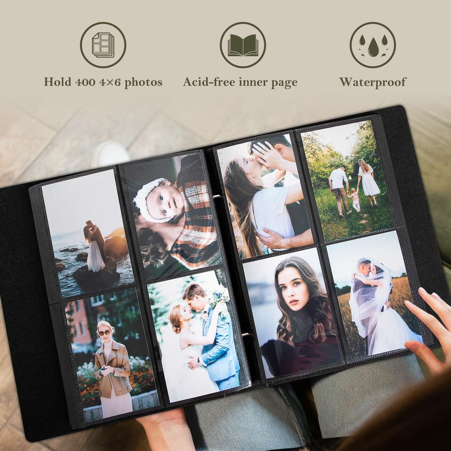 Pages hold 4x6 vertical photos for clear displays