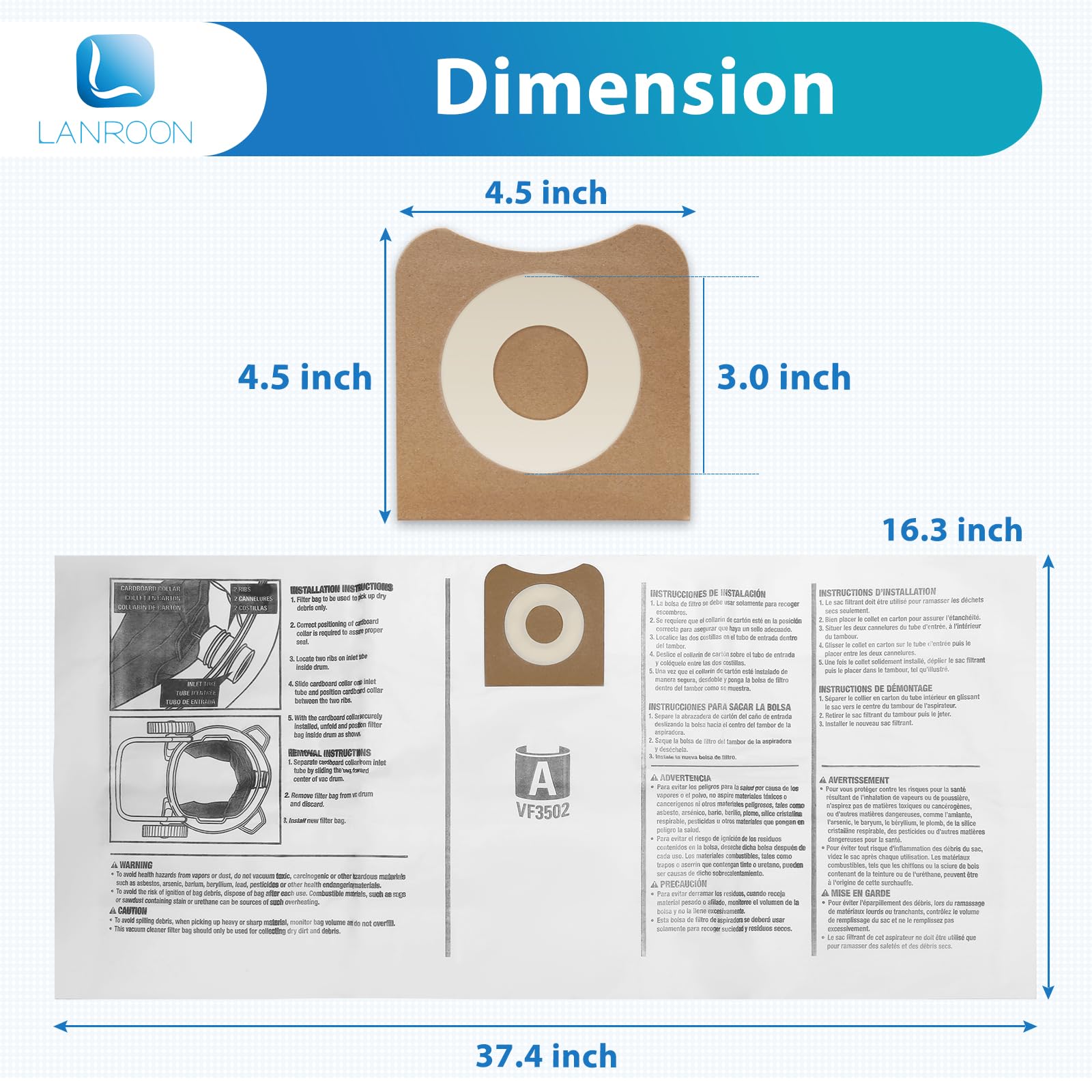LANROON VF3502 inner end collar design improves particle containment during disposal.