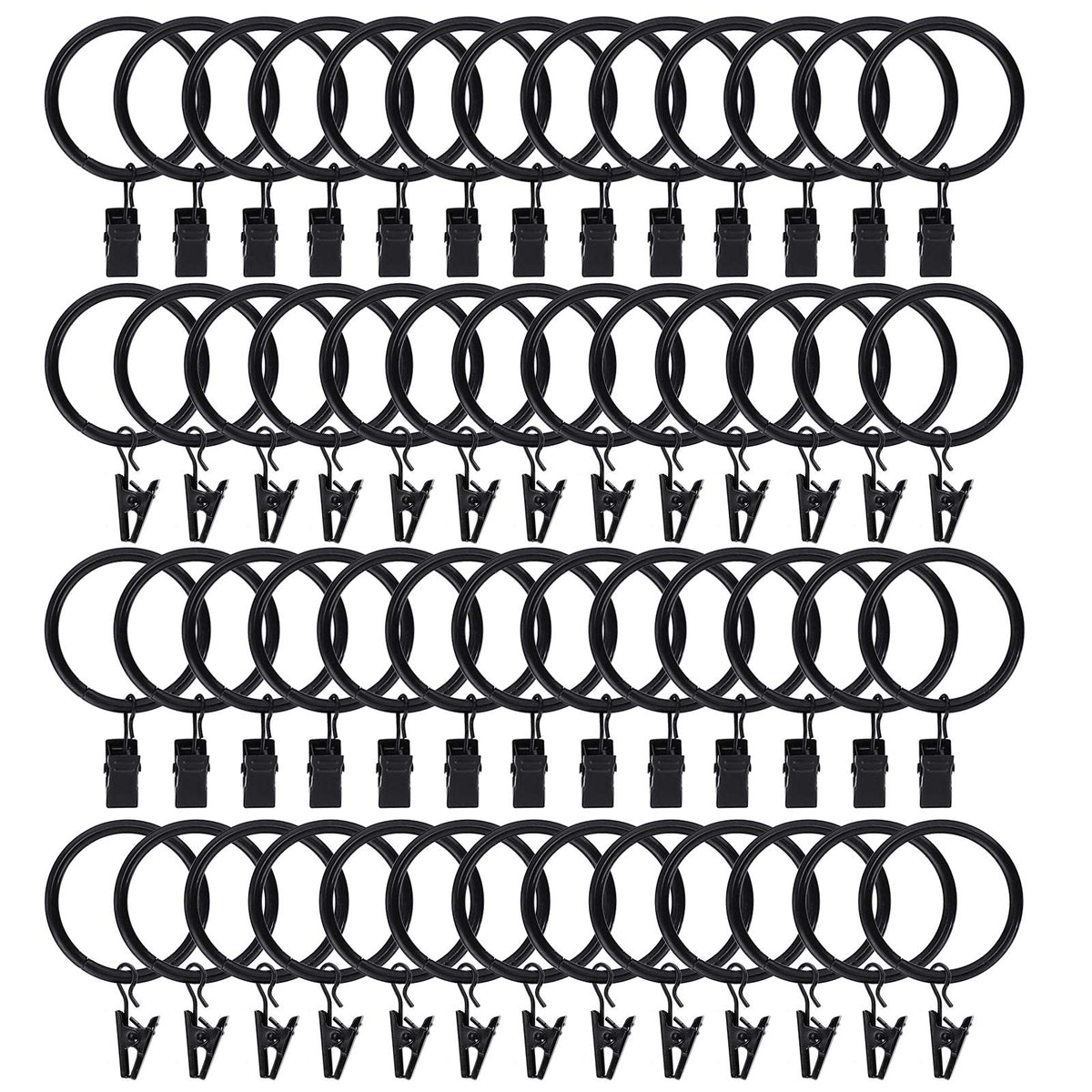 Lansian curtain rings with clips in black stainless steel for secure hanging.