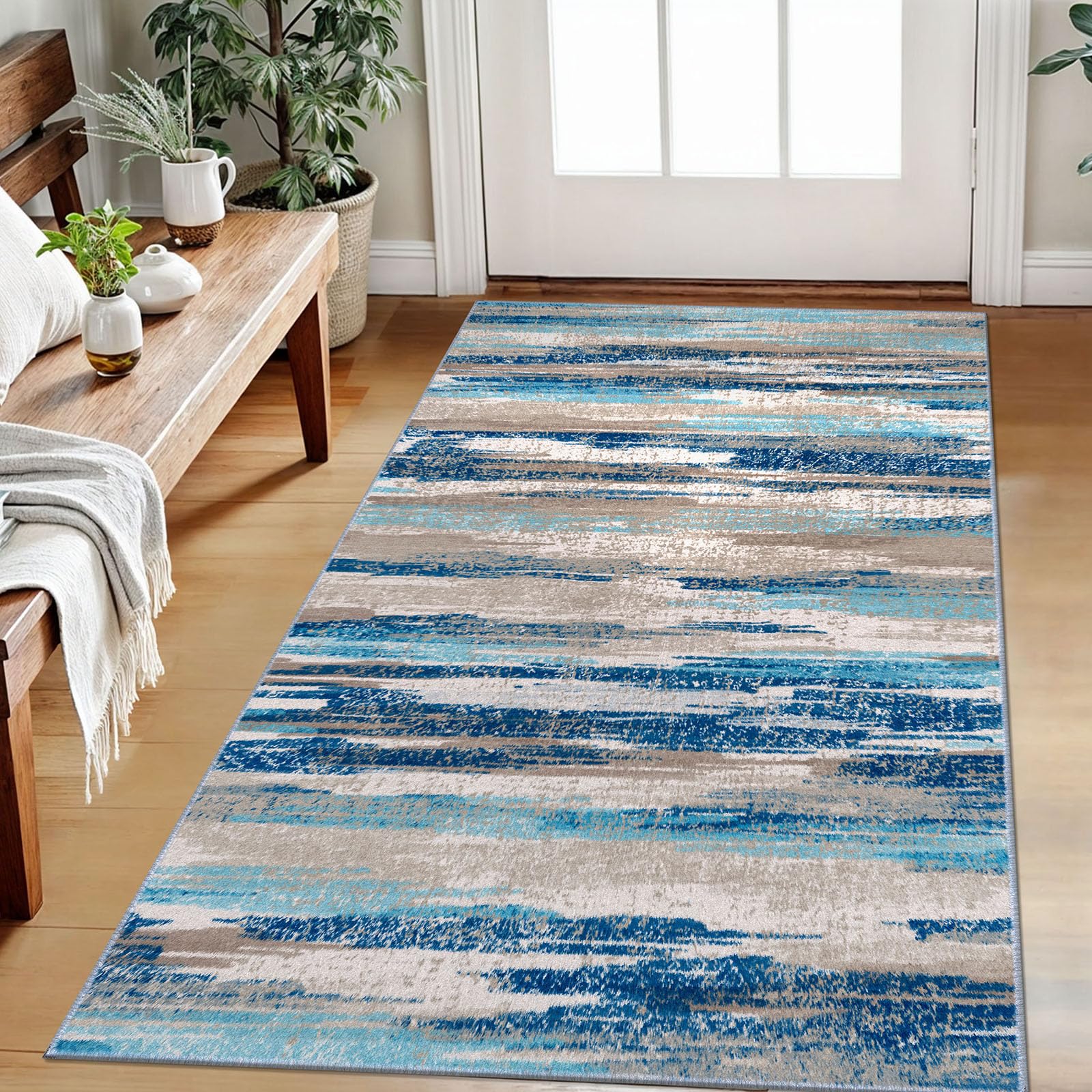 Lansny Abstract Area Rug 3x5 in blue aqua multicolor enhances entryways